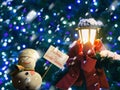 Text Ã¢â¬ÅIÃ¢â¬â¢m dreaming of a white ChristmasÃ¢â¬Â, placard, snowman lantern.